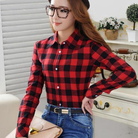 2018 Spring New Fashion Casual Lapel Plus Size Blouses women plaid shirt Checks Flannel Shirts Female Long Sleeve Tops Blouse