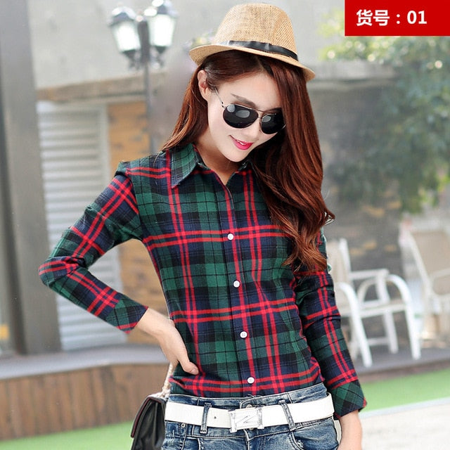 2018 Spring New Fashion Casual Lapel Plus Size Blouses women plaid shi mall global