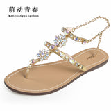 2018 Woman Sandals Women Shoes Rhinestones Chains Thong Gladiator Crystal Flat Heels Sandals Five Color Plus Size 46