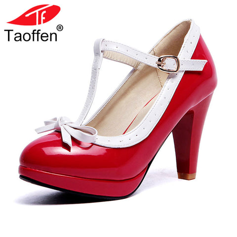 TAOFFEN Plus Size 32-48 Women Summer high heels shoes Woman t-strap bowknot pumps lady platform daily work dress Footwear