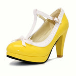 TAOFFEN Plus Size 32-48 Women Summer high heels shoes Woman t-strap bowknot pumps lady platform daily work dress Footwear