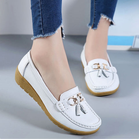 2018 Flats Woman Cow Leather Flats Women Slip On Women's Loafers Metal Decoration Large Size 35-44