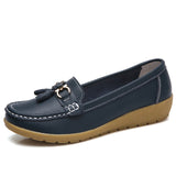 2018 Flats Woman Cow Leather Flats Women Slip On Women's Loafers Metal Decoration Large Size 35-44