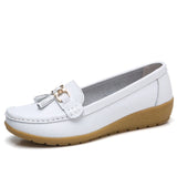 2018 Flats Woman Cow Leather Flats Women Slip On Women's Loafers Metal Decoration Large Size 35-44