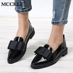 MCCKL Autumn Flats Women Shoes Bowtie Loafers Patent Leather Elegant Low Heels Slip On Footw Female Pointed Toe Thick Heel